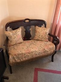 Vintage Mahogany Wood & Upholstered Bench/Loveseat