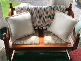 Vintage Bench w/Pillows & Crocheted Blanket