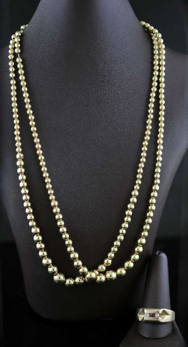 Lot 2: Two 14k beaded ball necklaces along with a gents ring