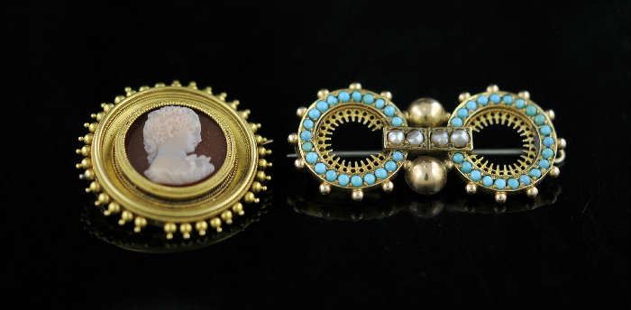 Lot 3: Two Victorian gold pins, cameo with eagles head hallmark other with turquoise and pearl, 20.4 grams