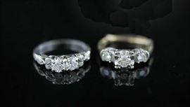 Lot 25: Two antique diamond rings; 18k white gold with (2) .30ct diamonds along with a 14k yellow gold ring