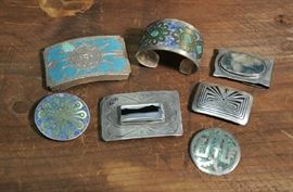 Lot 28: Sterling silver lot: cuff bracelet, belt buckles, money clip and two pins (27 and 28)