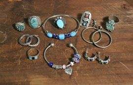 Lot 42: Sterling South Western lot; six rings with turquoise, bracelets and earrings (91 & 95)