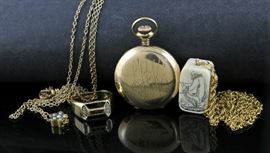 Lot 47: Lot of antique jewelry; pocket watch/watch chain, ring and some other gold