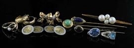 Lot 50: Lot of 14k: three hat pins, pearl pin, cuff links earrings and more