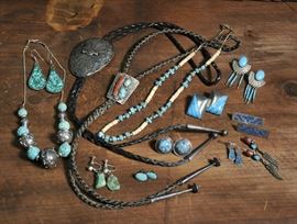 Lot 54: Sterling South Western lot; two bolo ties, two necklaces and several pairs of earrings (42 & 45)