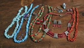 Lot 58: Sterling silver South Western lot; two turquoise necklaces, coral necklace, three other necklaces, rings and several pairs of earrings (62,74 and 109)
