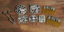 104: Pair of matching sterling silver embellished hair combs along with a s/s hair pick along with an assortment of sterling pins (40 & 63)