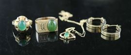 Lot 114: Lot of 14k: jade ring and pendant and a pair of earrings