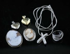 Lot 116: Two cameo's, two heart lockets, pendant and ring