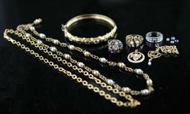 Lot 117: 10k lot of misc. including two rings along with sterling silver items with gold wash, two necklaces, one bangle with cabochon stones (22 & 96)