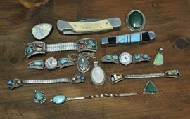 Lot 120: Sterling silver lot; seven assorted South Western pendants, two knives, letter opener and five watch bands with sterling silver attachments (32 and 35)