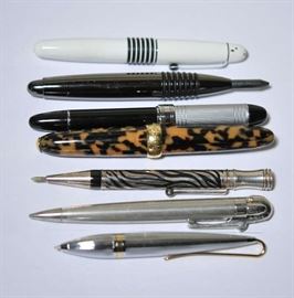Lot 135: Seven tank style pens and pencils including Jean Pierre Lepine tortoise shell pen