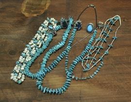 Lot 136: Five turquoise necklaces and five assorted s/s rings (51 & 71)