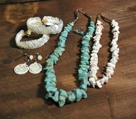 Lot 149: Philippine jewelry lot, bracelet and earrings along with one turquoise and one coral necklace along and a pair of earrings (64 and 69)