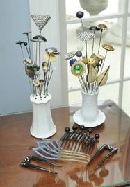 Pair of hat pin holders with hat pins and hair combs 