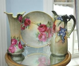 Three pieces of hand painted china, Limoges pitcher and plate