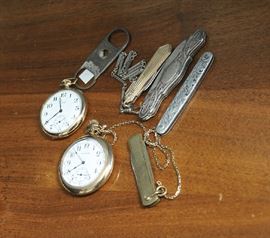 Two pocket watches with jack knives