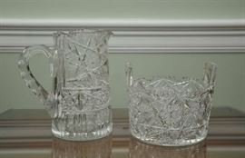Cut glass ice bucket and pouring pitcher