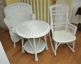 Wicker round drink table, rocker and chair 
