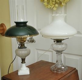 Two Victorian oil lamps, electrified