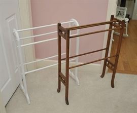 Two towel racks, white and oak 