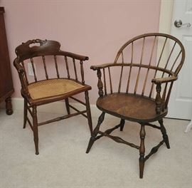 Two antique armchairs/walnut with cane seat- oak Windsor