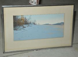 Watercolor, winter landscape, signed