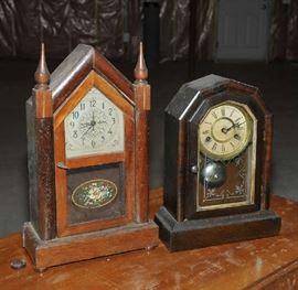 Cottage and steeple clock, two pieces