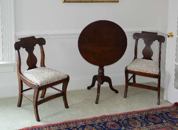 Pair of Empire chairs (25-25) & 20th C. tilt top stand
