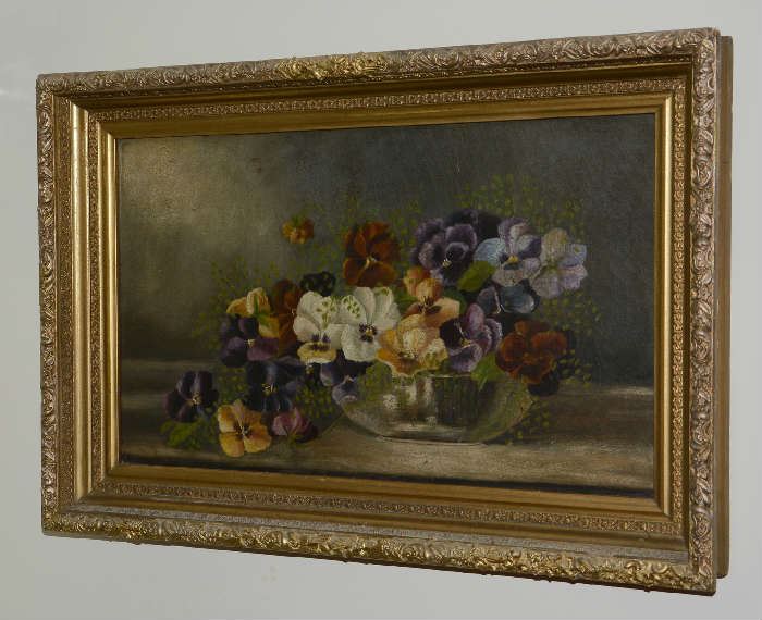 Victorian still life painting, pansys