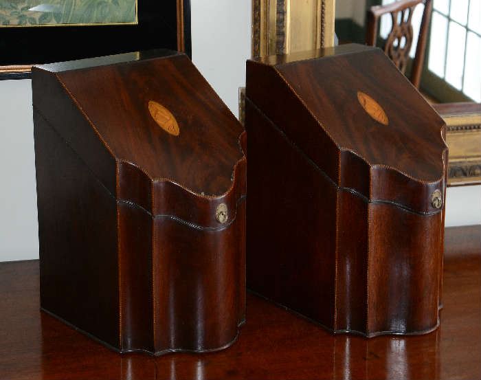 Good pair of English George III inlaid mahogany knife boxes