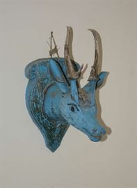 Folk art carved pine and painted deer head in blue with real antlers, square head nails, 14"H 