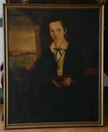 19th C. portrait painting, young boy holding book with window in back ground showing ships, oil on canvas, 35" x 29"