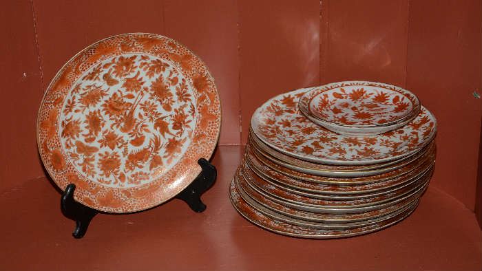 12 Chinese export orange palette plates (7 with nicks) - 9.5"D