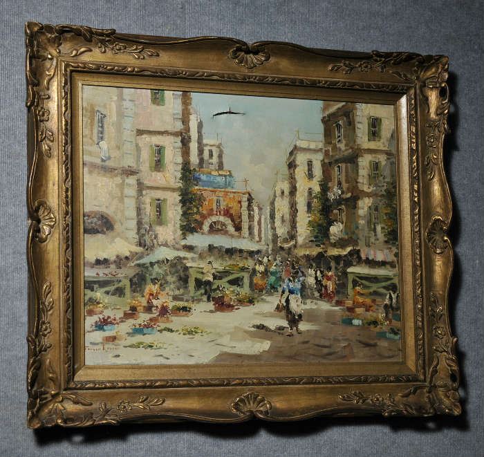 Oil on canvas, Street Market Scene, signed lower left, illegible. 20" x 24"
