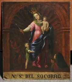 Spanish Colonial oil on canvas laid on masonite, Nuesta Senora del Socorro (Our Lady of Perpetual Help) 24" x 20"