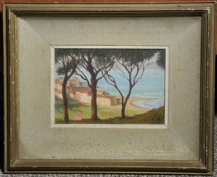 Oil on board,"The Old Town of St. Tropez" south of France by Alexander Warshawsky,. 6" x 8.5"