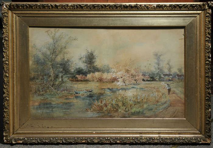Watercolor on paper, Pastoral spring landscape, signed F.S. Medairy. 21.5" x 34"