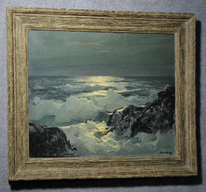 Oil on canvas, Moonlight over crashing waves, signed by Phillip Shumaker, Maine. 24" x 30" 