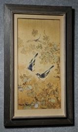 Watercolor on silk, Birds in bittersweet branches, signed by Hiroshe Honda, Japanese. 27" x 14 "