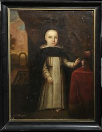 Oil on canvas, full-length portrait of child in Dominican robes, 18th-century, European. 35" x 26.5"