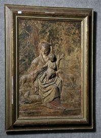 Framed and painted gesso relief of Madonna and Child, 21" x 15" 
