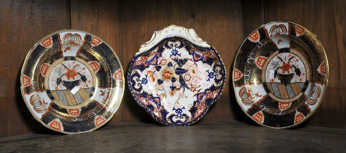 Three pieces of Imari porcelain, Royal crown Derby shrimp dish (9.5" x 9") along with two plates (9.5"Dia.), 3 pcs 