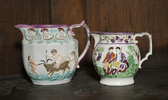 Two softpaste pitchers, decorated with figures and lustre - 5" - 6"(