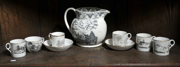 English porcelain pitcher and cups, transfer decoration, Museum of Fine Arts, Boston - 7" pitcher 