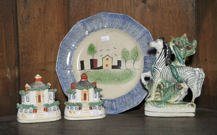 Spatterware plate, cottage decoration along with Strafforshire pieces - 4" - 7"H & 9.5"D
