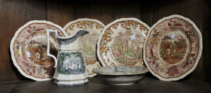 Transferware pitcher, plates and bowl, assembled lot - 8.5" - 10.5"Dia. & 8.5"H pitcher