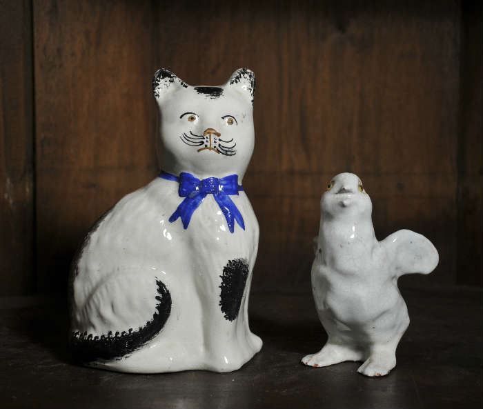 Staffordshire cat figure along with glazed terracotta figure of an owl - 5" - 8"H