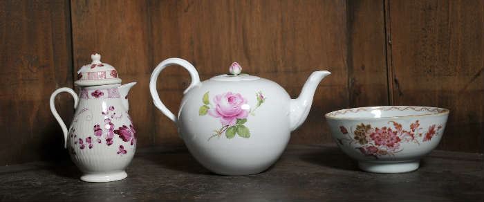 Meissen tea pot (5.25"H) along with similar creamer (6.25"H) and open bowl (6"Dia. x 2.75"H), 3 pcs 